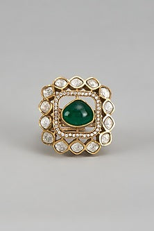 Gold Finish Kundan Polki & Emerald Stone Ring