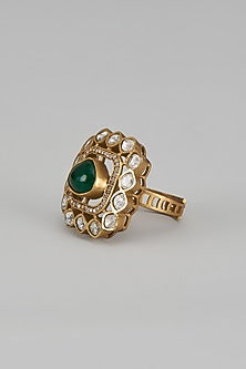 Gold Finish Kundan Polki & Emerald Stone Ring