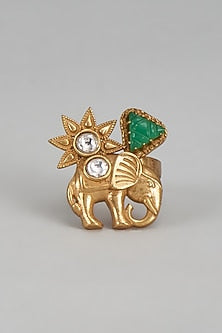 Gold Finish Emerald Stone Temple Ring
