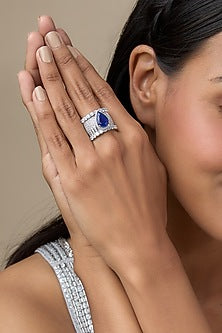 White Finish Zircon & Blue Stone Ring