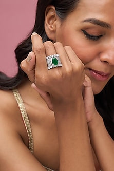 White Finish Zircon & Green Stone Ring