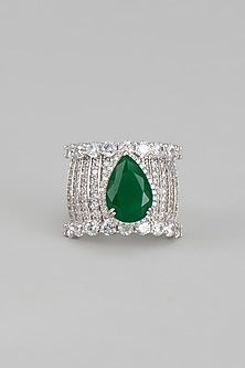 White Finish Zircon & Green Stone Ring