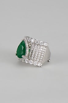White Finish Zircon & Green Stone Ring