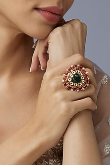 Gold Finish Onion Pink & Emerald Stone Ring