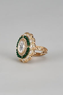 Gold Finish Kundan Polki & Emerald Stone Ring