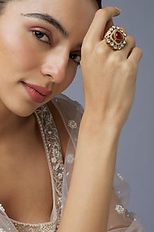 Gold Finish Uncut Kundan Polki & Red Stone Ring