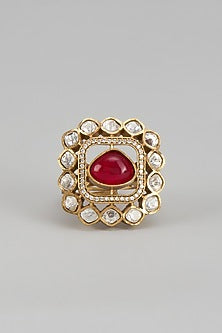 Gold Finish Uncut Kundan Polki & Red Stone Ring