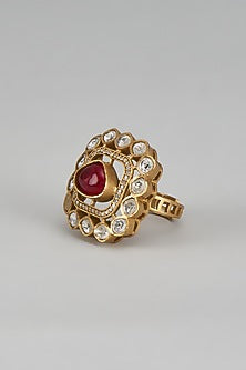 Gold Finish Uncut Kundan Polki & Red Stone Ring