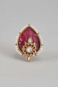 Gold Finish Pearl & Ruby Stone Temple Ring