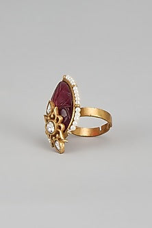 Gold Finish Pearl & Ruby Stone Temple Ring