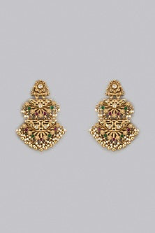 Gold Finish Red & Green Stone Temple Long Earrings