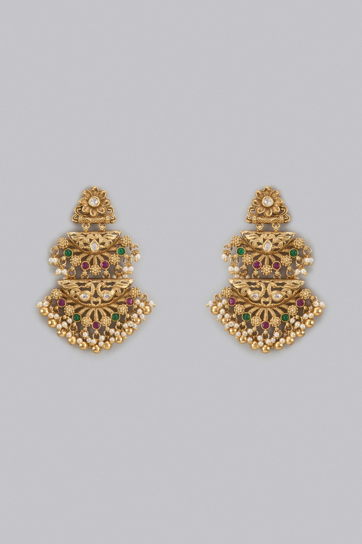 Gold Finish Red & Green Stone Temple Long Earrings