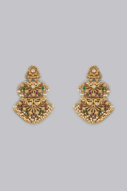 Gold Finish Red & Green Stone Temple Long Earrings
