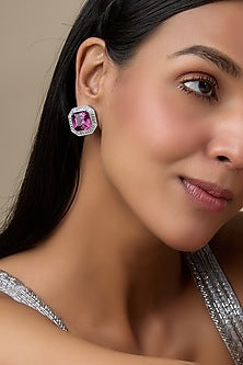 White Finish Zircon & Wine Stone Stud Earrings
