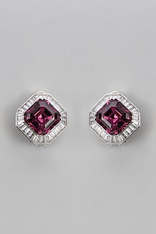 White Finish Zircon & Wine Stone Stud Earrings