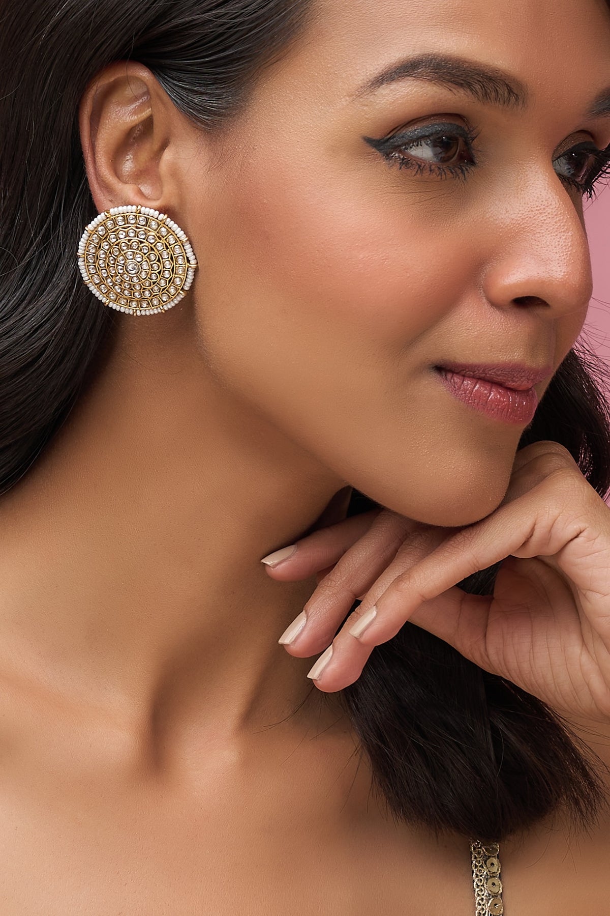 Gold Finish Uncut Stone & Pearl Stud Earrings
