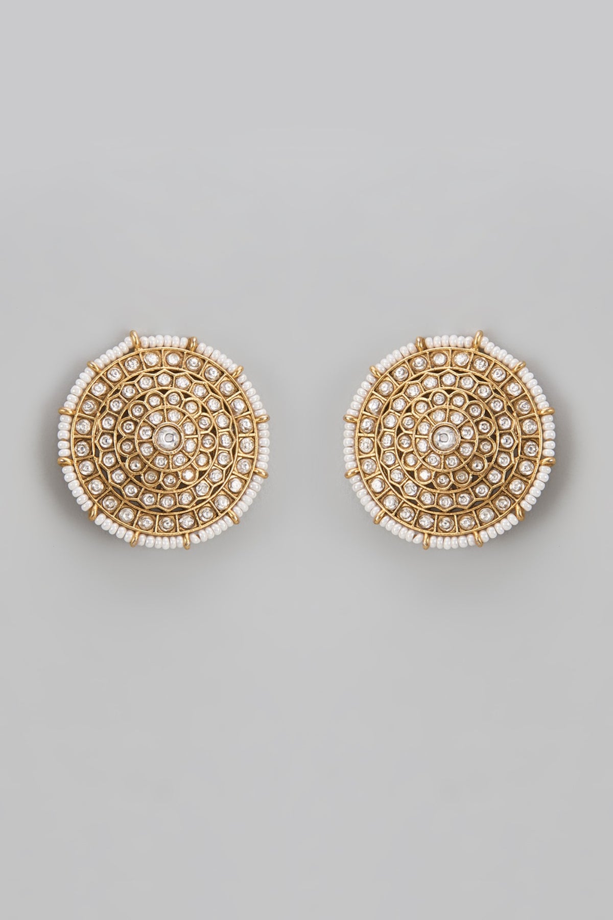 Gold Finish Uncut Stone & Pearl Stud Earrings