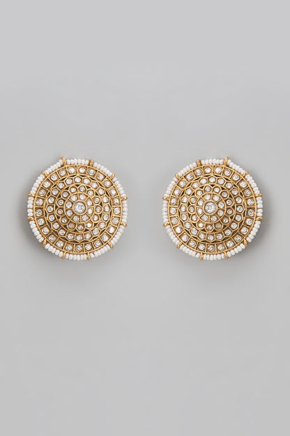 Gold Finish Uncut Stone & Pearl Stud Earrings
