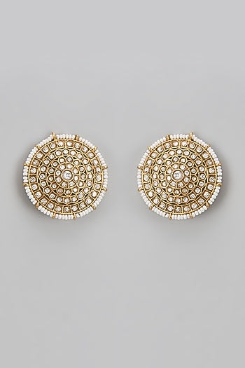 Gold Finish Uncut Stone & Pearl Stud Earrings