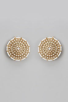 Gold Finish Uncut Stone & Pearl Stud Earrings