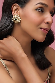 Gold Finish Uncut Stone & Pearl Stud Earrings