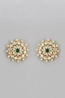 Gold Finish Uncut Stone & Pearl Stud Earrings