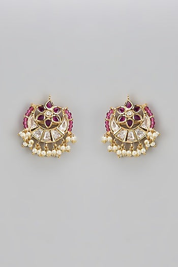 Gold Finish Ruby Stone & Kundan Polki Stud Earrings