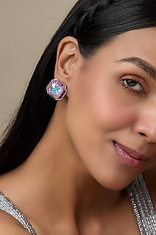 White Finish Ruby & Swarovski Stud Earrings