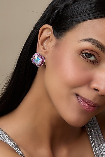 White Finish Ruby & Swarovski Stud Earrings