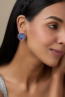 White Finish Ruby & Blue Stone Stud Earrings