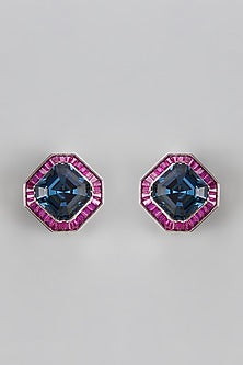 White Finish Ruby & Blue Stone Stud Earrings