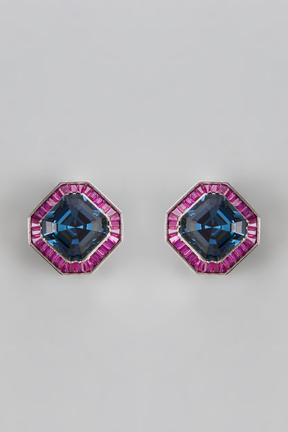 White Finish Ruby & Blue Stone Stud Earrings