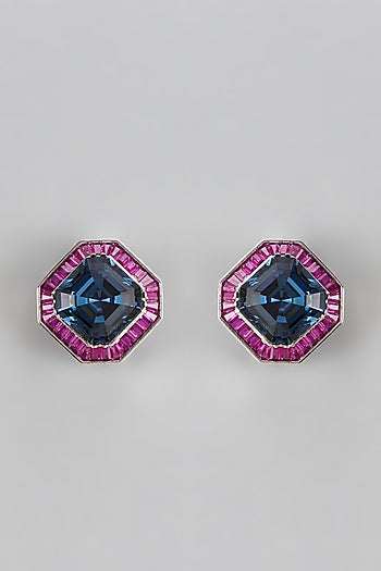 White Finish Ruby & Blue Stone Stud Earrings