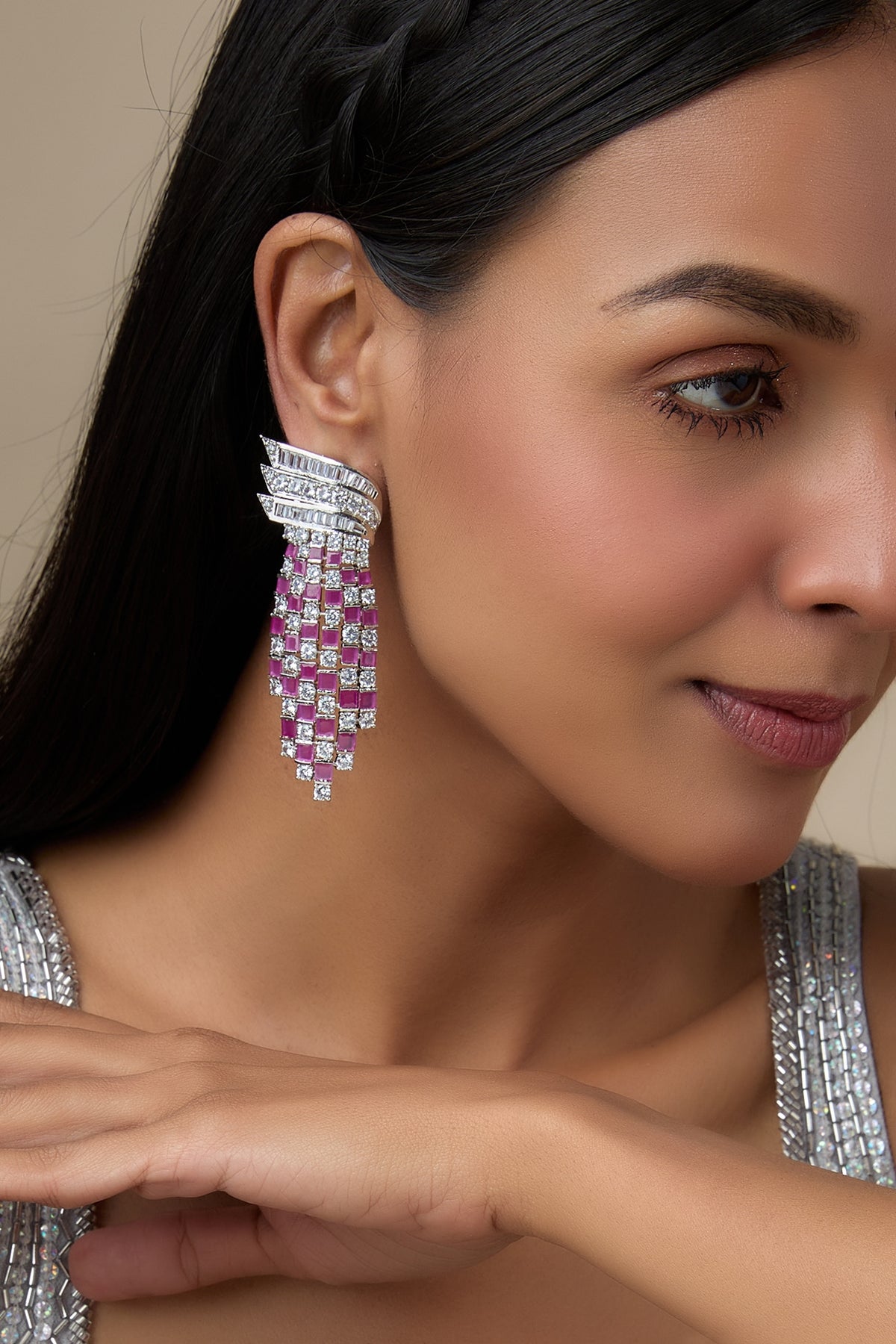 White Rhodium Finish Ruby Stone & Diamond Dangler Earrings