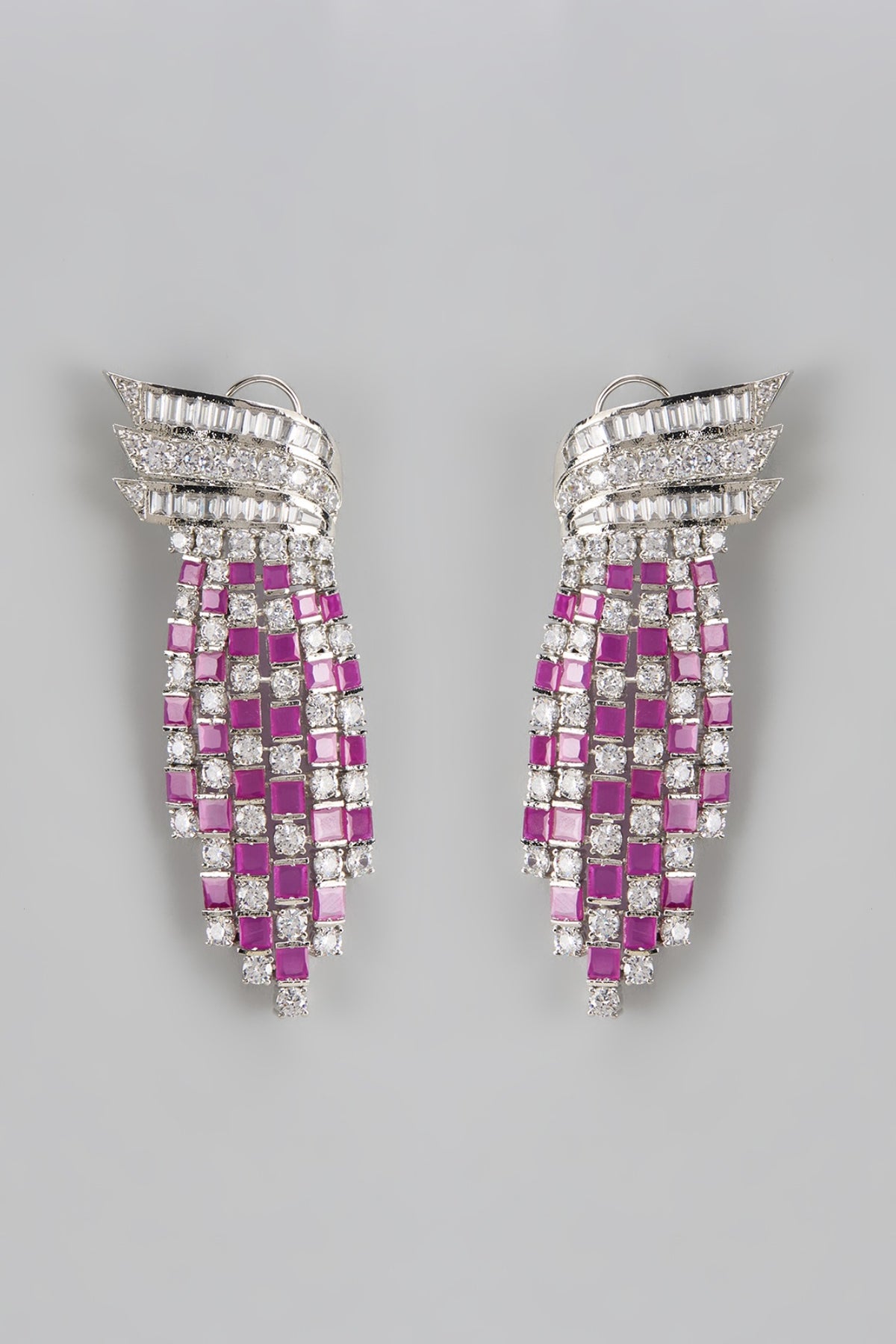 White Rhodium Finish Ruby Stone & Diamond Dangler Earrings
