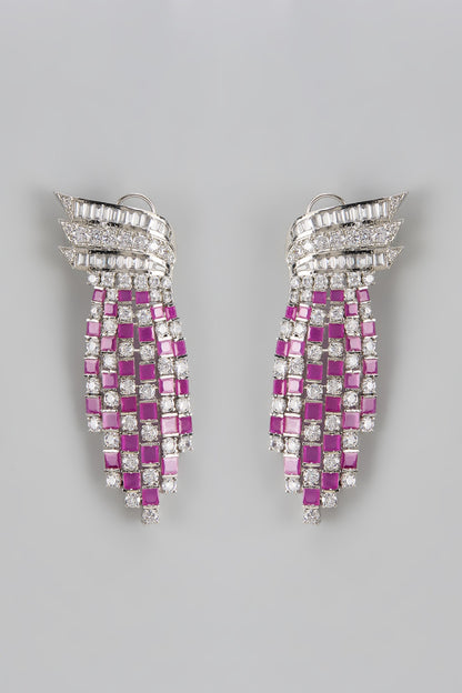 White Rhodium Finish Ruby Stone & Diamond Dangler Earrings