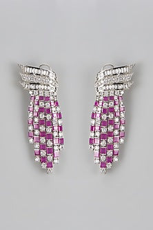 White Rhodium Finish Ruby Stone & Diamond Dangler Earrings