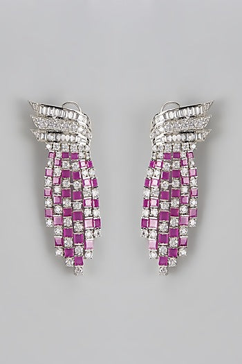 White Rhodium Finish Ruby Stone & Diamond Dangler Earrings