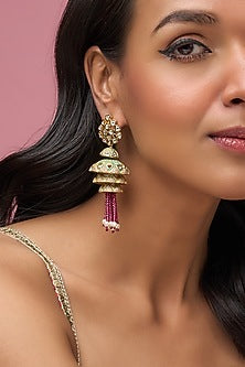 Gold Finish Ruby Stone Enamelled Jhumka Earrings