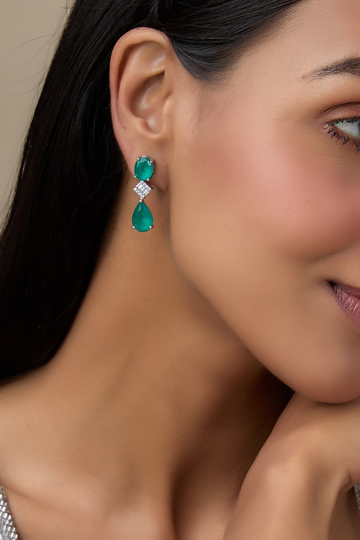 White Finish Green Stone & Diamond Dangler Earrings