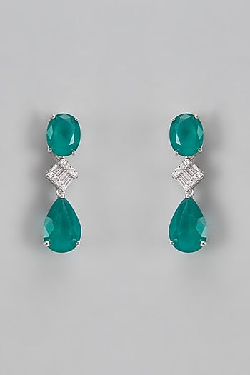 White Finish Green Stone & Diamond Dangler Earrings
