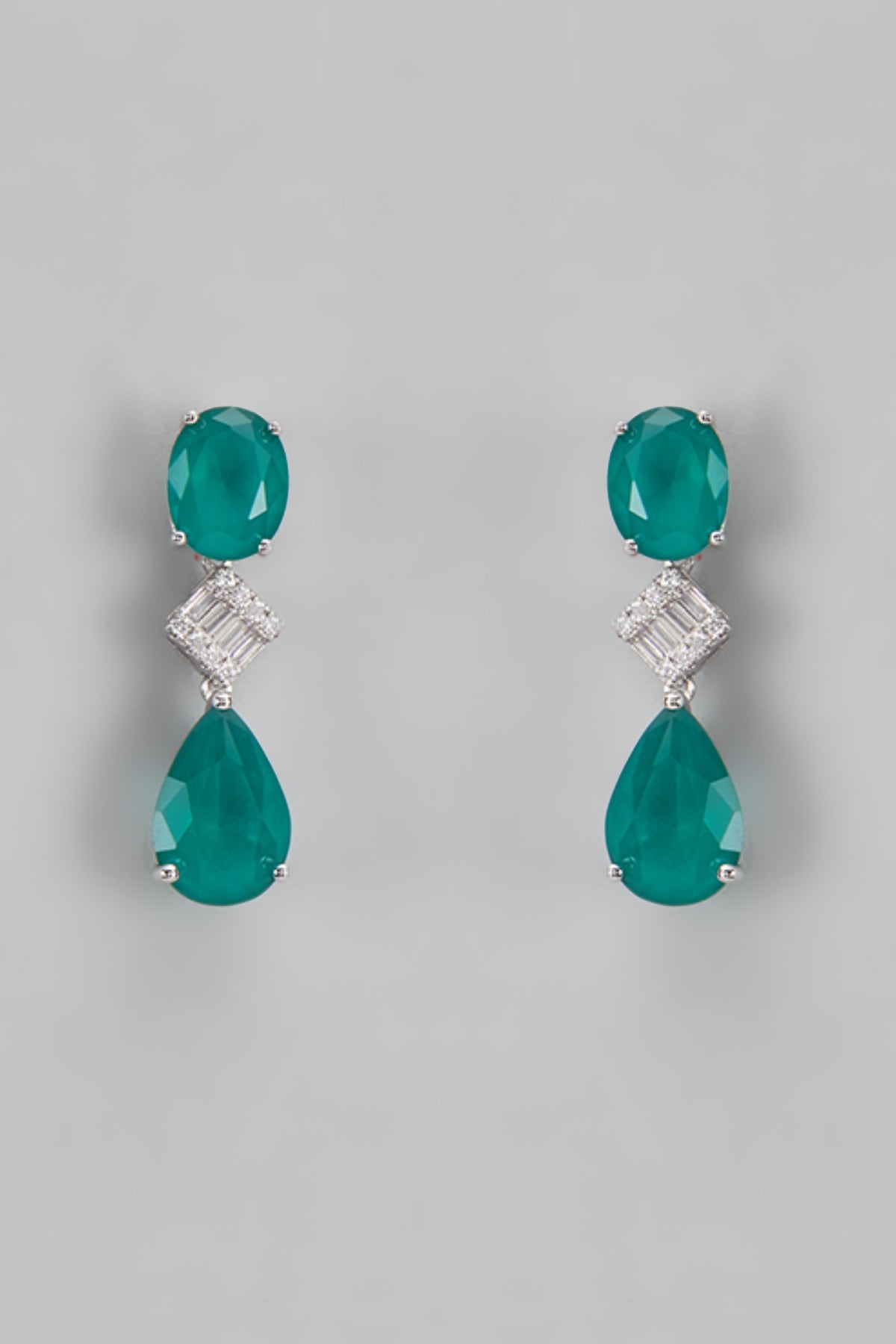 White Finish Green Stone & Diamond Dangler Earrings