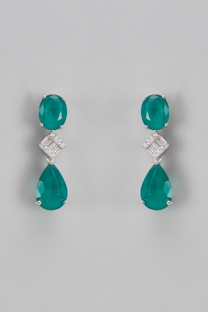White Finish Green Stone & Diamond Dangler Earrings