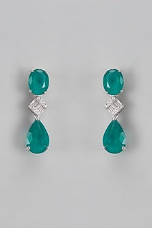 White Finish Green Stone & Diamond Dangler Earrings