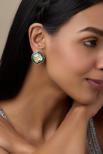 White Finish Emerald & Swarovski Stud Earrings
