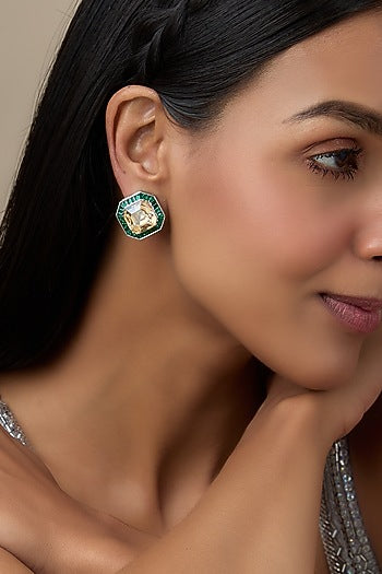 White Finish Emerald & Swarovski Stud Earrings