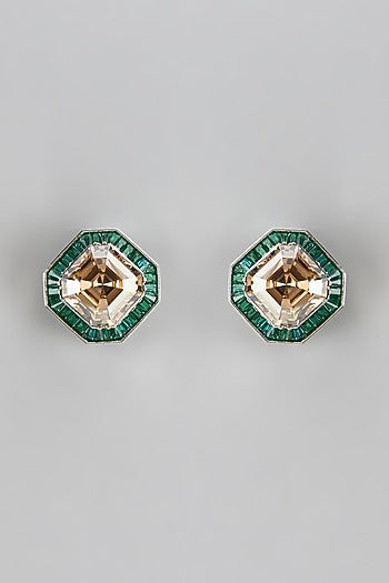 White Finish Emerald & Swarovski Stud Earrings