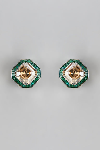 White Finish Emerald & Swarovski Stud Earrings