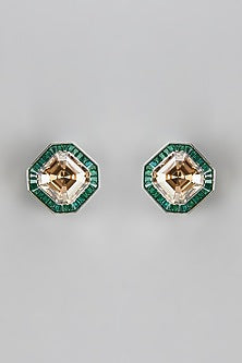 White Finish Emerald & Swarovski Stud Earrings