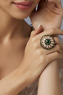 Gold Finish Green Stone & Pearl Ring